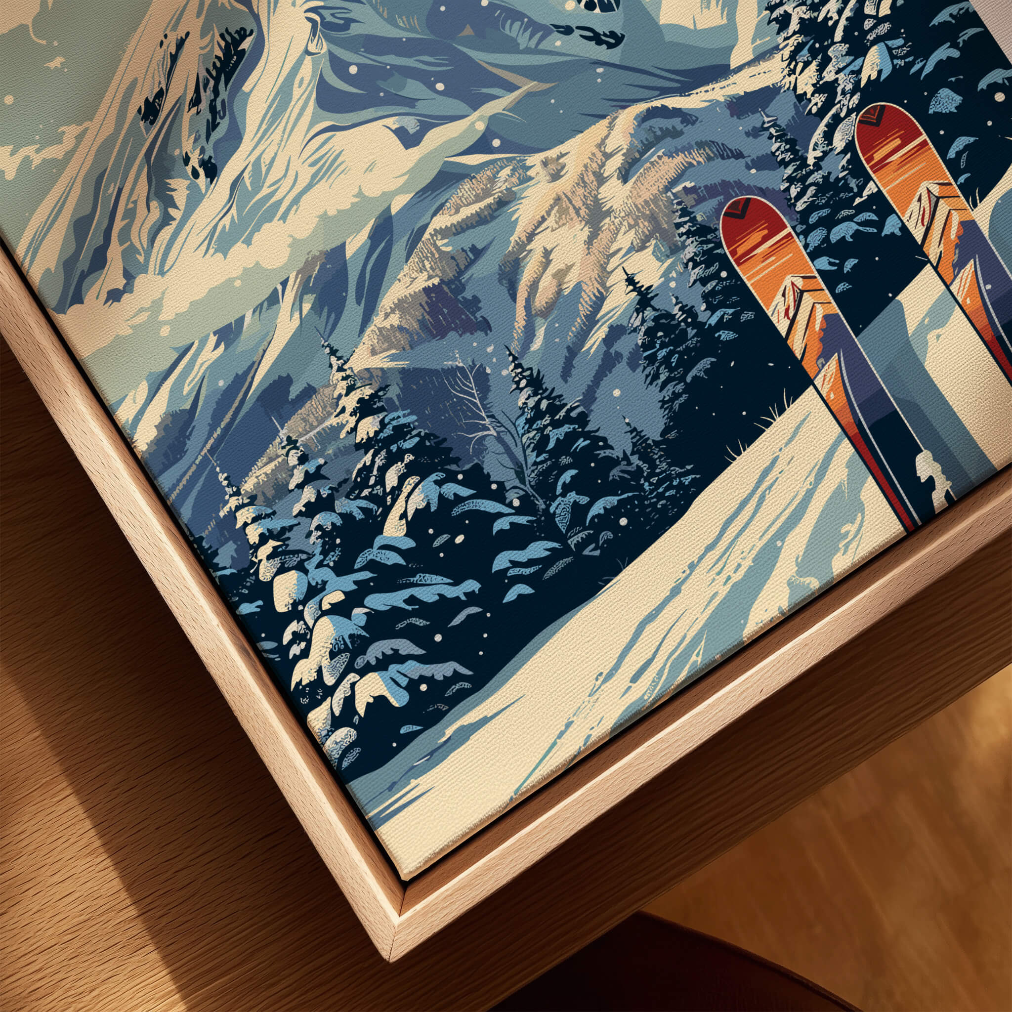 Niseko Wall Art Ski Print featuring stunning snowy mountains and colorful skis, perfect for ski enthusiasts.