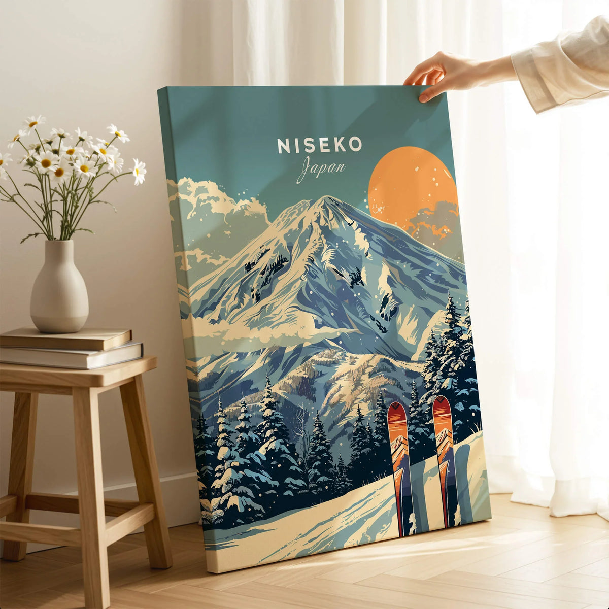 Niseko Wall Art Ski Print featuring a stunning mountain landscape and skis, perfect for winter decor.