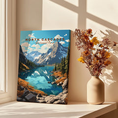 North Cascades National Park art print on canvas by window with vase of dried flowers