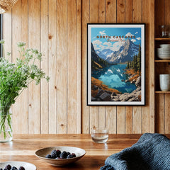 North Cascades National Park art print in black frame, displayed in a rustic kitchen setting.