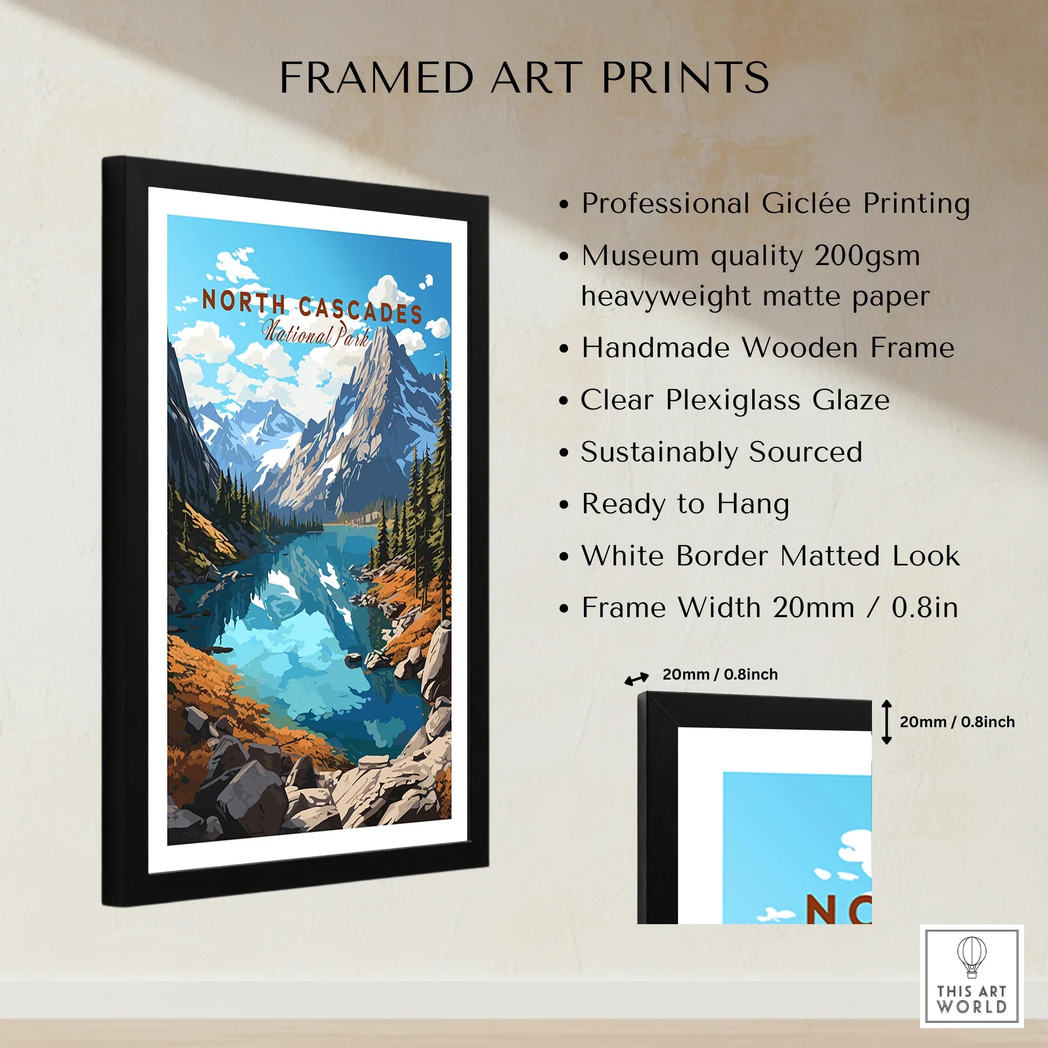 Framed North Cascades National Park print with scenic lake and mountains, art print details listed.