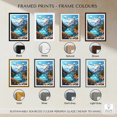 North Cascades National Park framed art print with mountain lake landscape, available in eight frame colors: black, white, natural, brown, gold, silver, dark grey, and light grey.