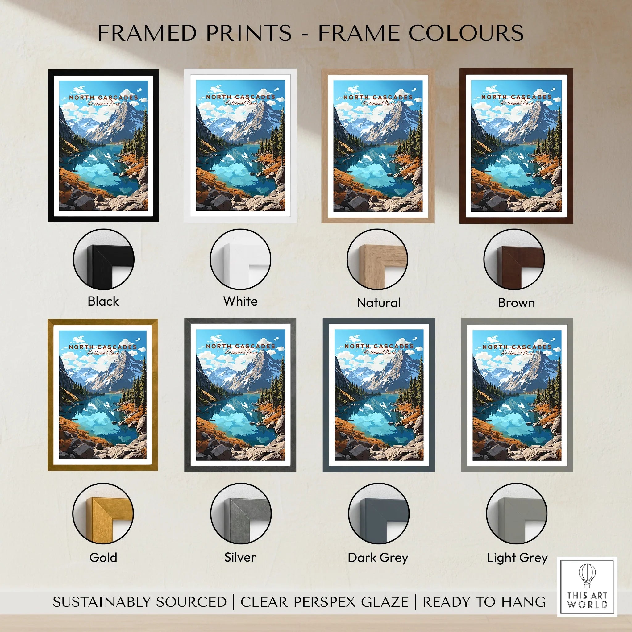 North Cascades National Park framed art print with mountain lake landscape, available in eight frame colors: black, white, natural, brown, gold, silver, dark grey, and light grey.
