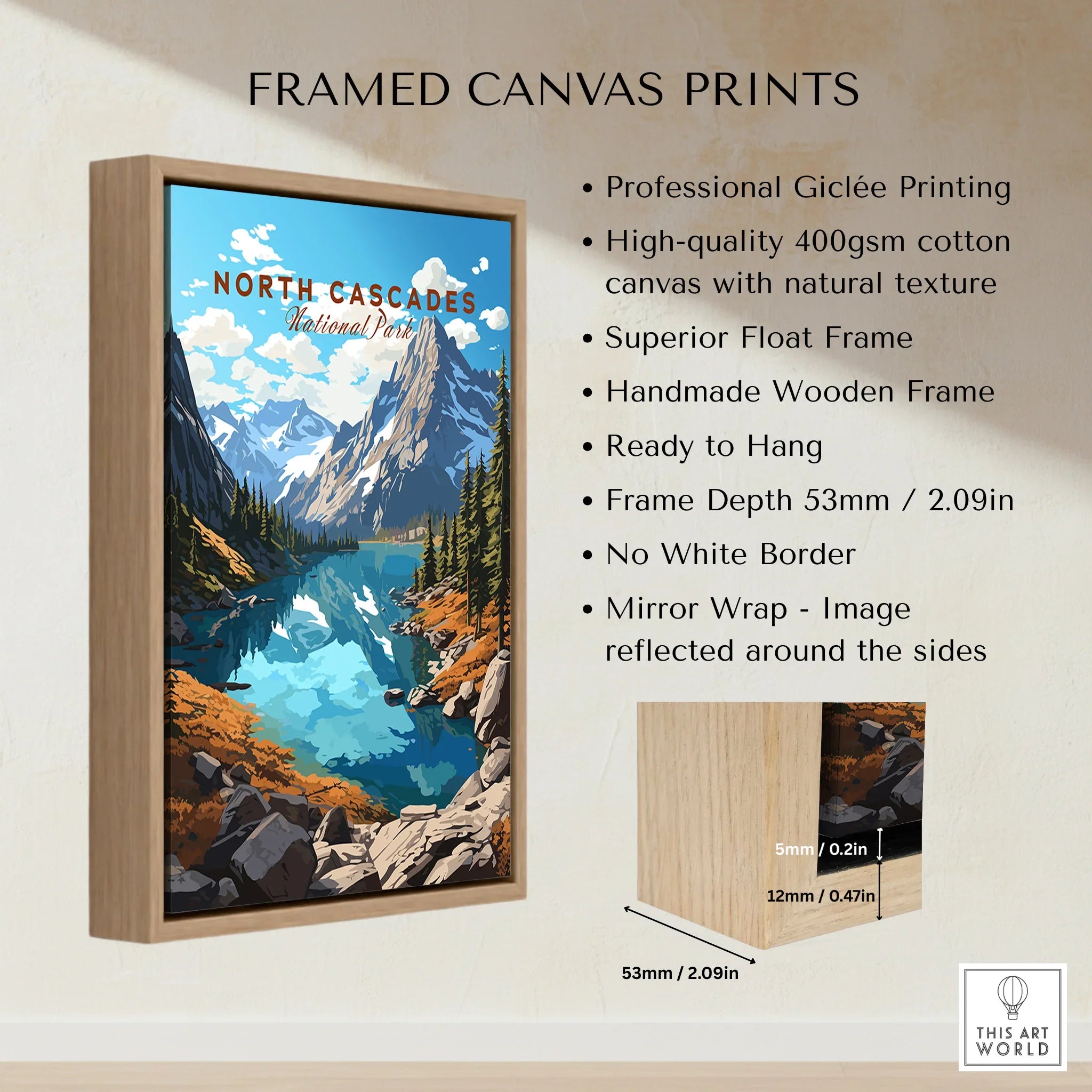 North Cascades National Park wall art framed canvas print with mountain lake landscape