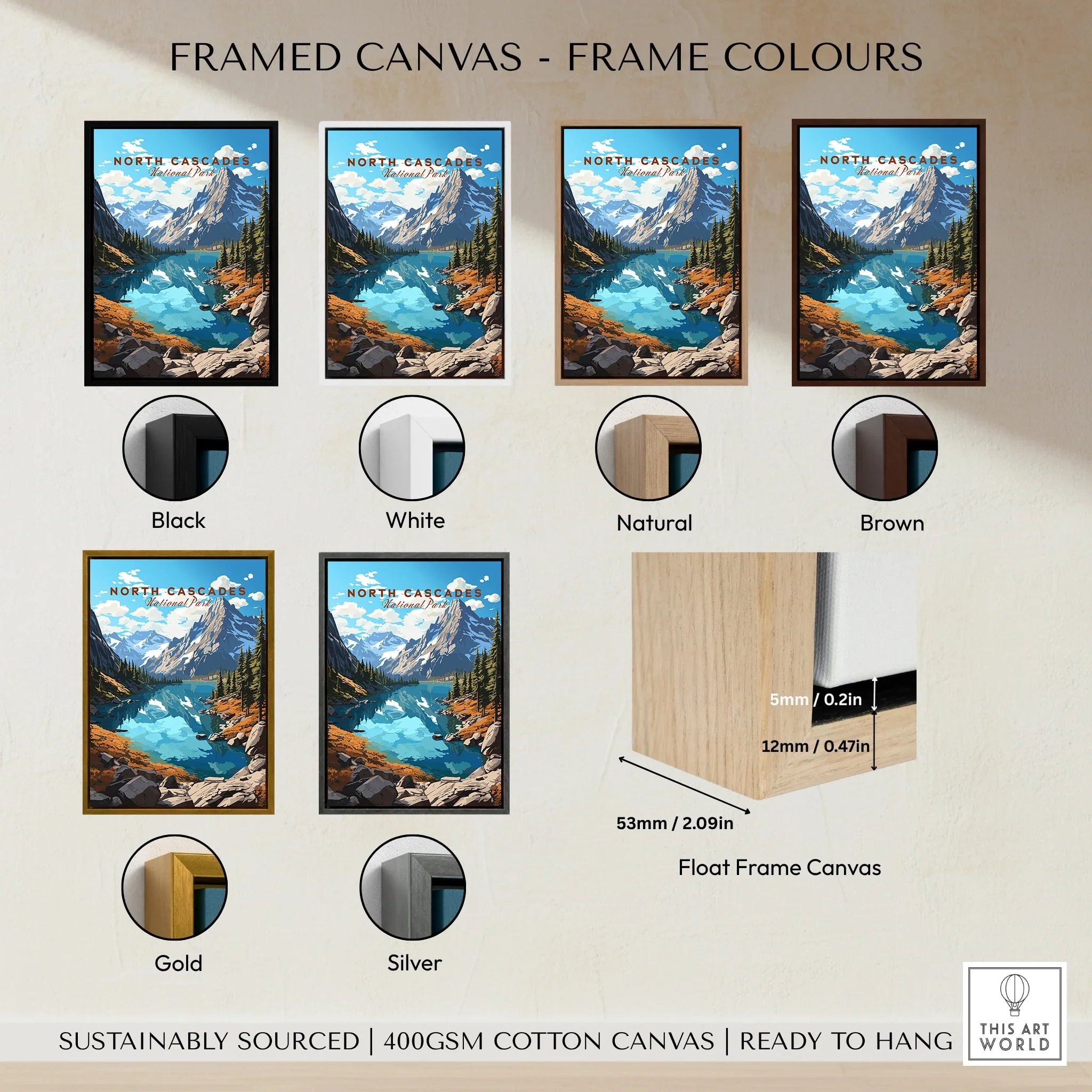 North Cascades National Park framed canvas print in six frame color options with mountain lake art.