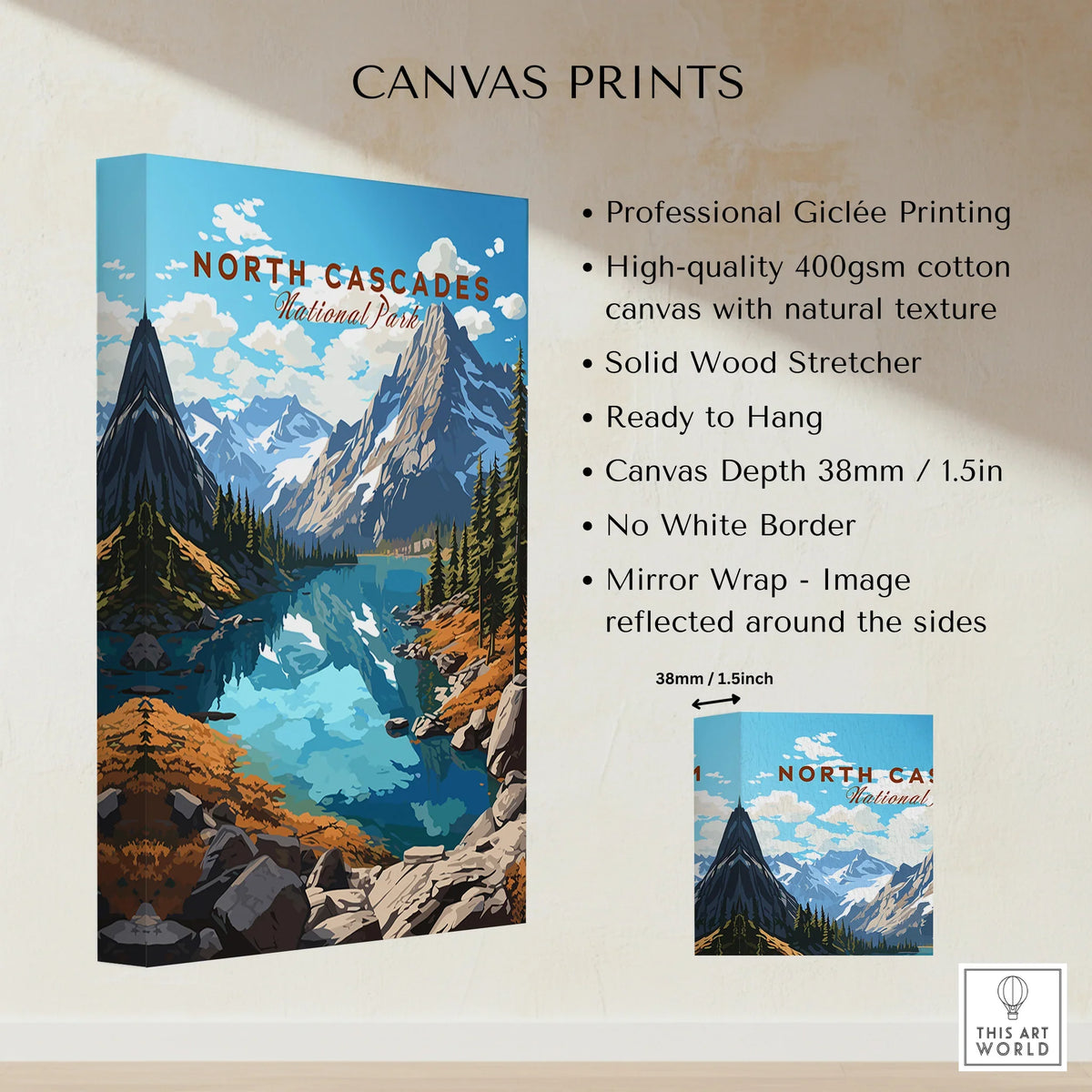 North Cascades National Park print on cotton canvas with mountains, lake, and product details.