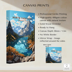 North Cascades National Park print on cotton canvas with mountains, lake, and product details.