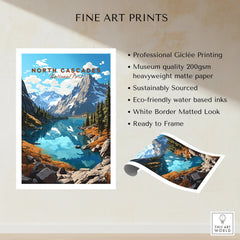 North Cascades National Park art print with snowy mountains, blue lake, and forest scene.