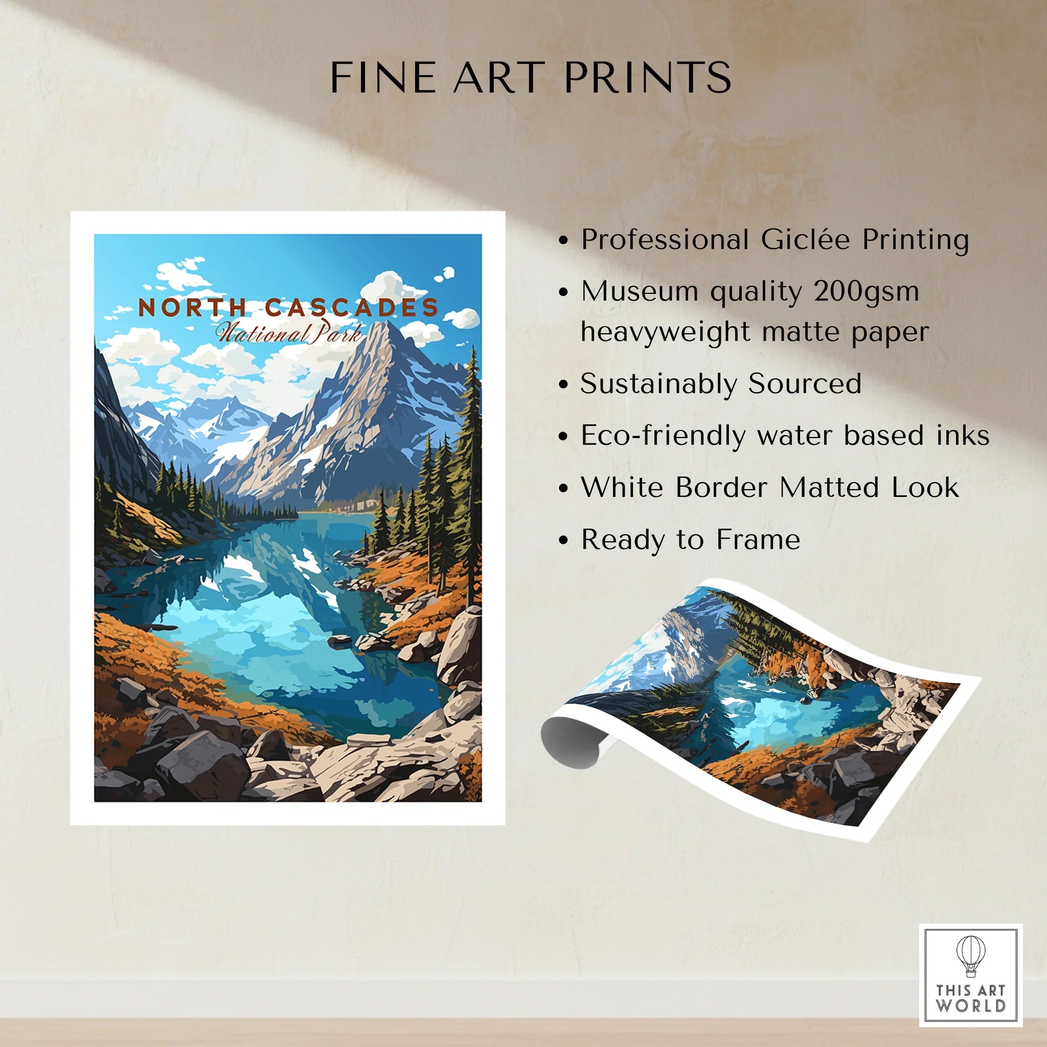 North Cascades National Park art print with snowy mountains, blue lake, and forest scene.