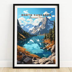 North Cascades National Park art print with lake, mountains, and pine trees in black frame