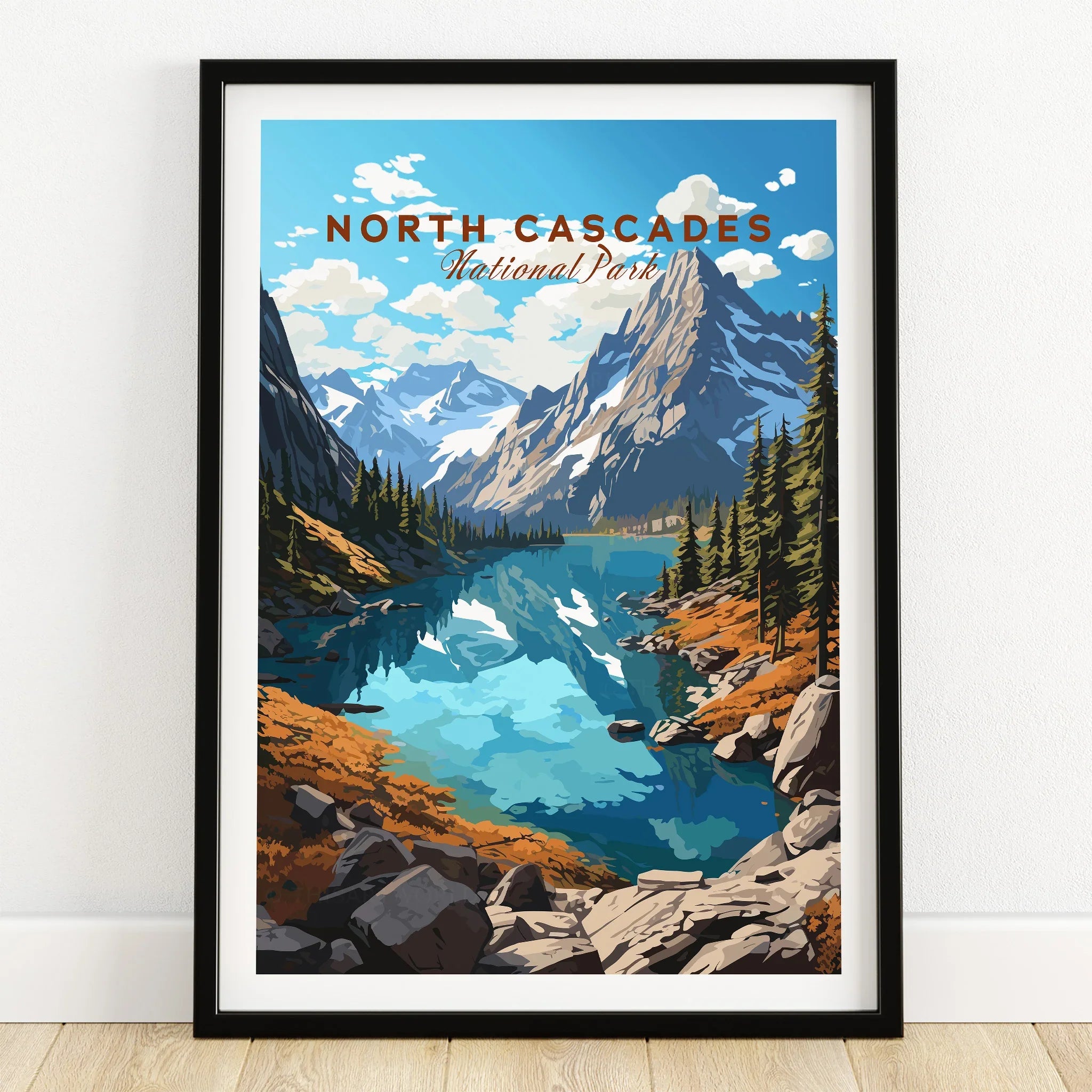 North Cascades National Park art print with lake, mountains, and pine trees in black frame