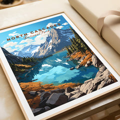 Framed North Cascades National Park art print with mountain and lake landscape