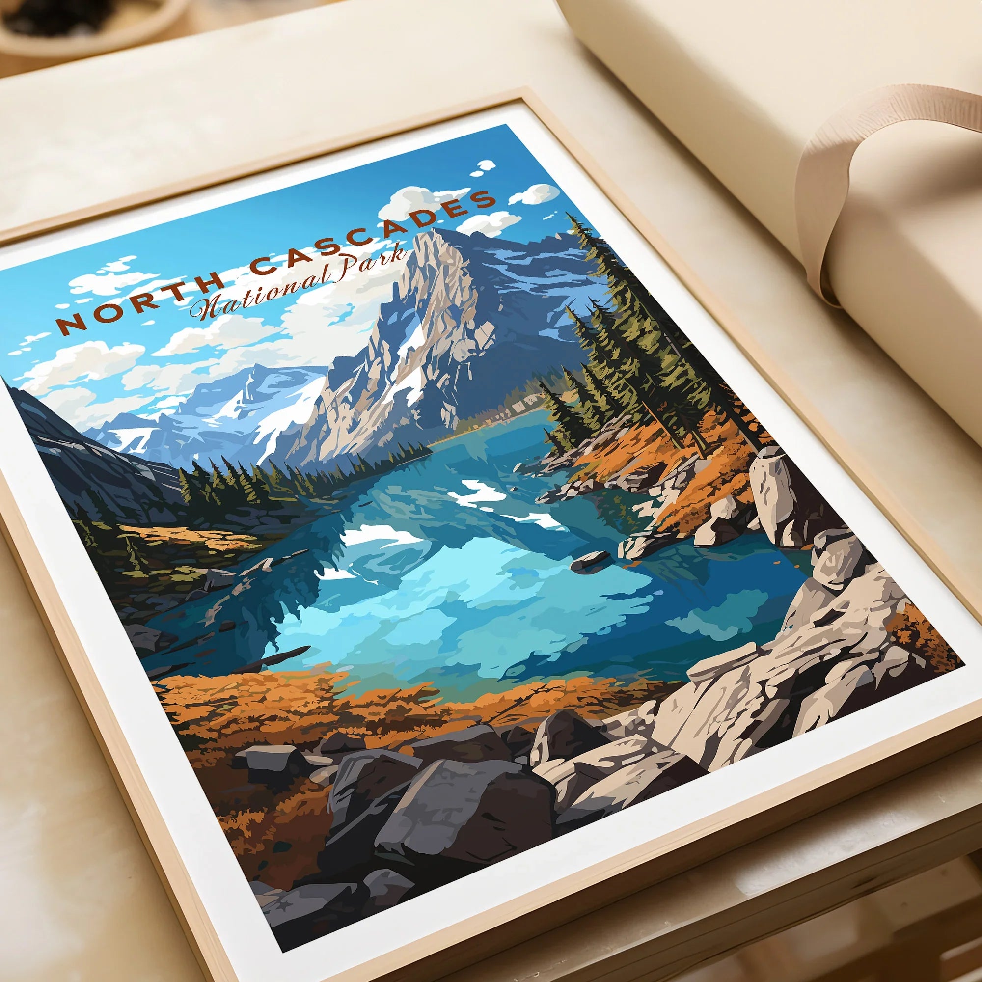 Framed North Cascades National Park art print with mountain and lake landscape