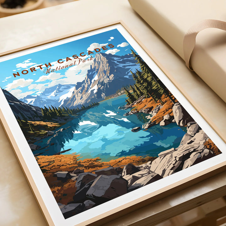 Framed North Cascades National Park art print with mountain and lake landscape