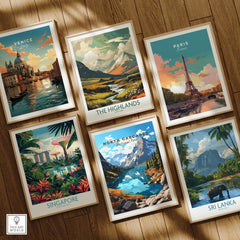 Set of six framed travel posters featuring Venice, Paris, Singapore, Highlands, North Cascades, and Sri Lanka on a wooden floor.