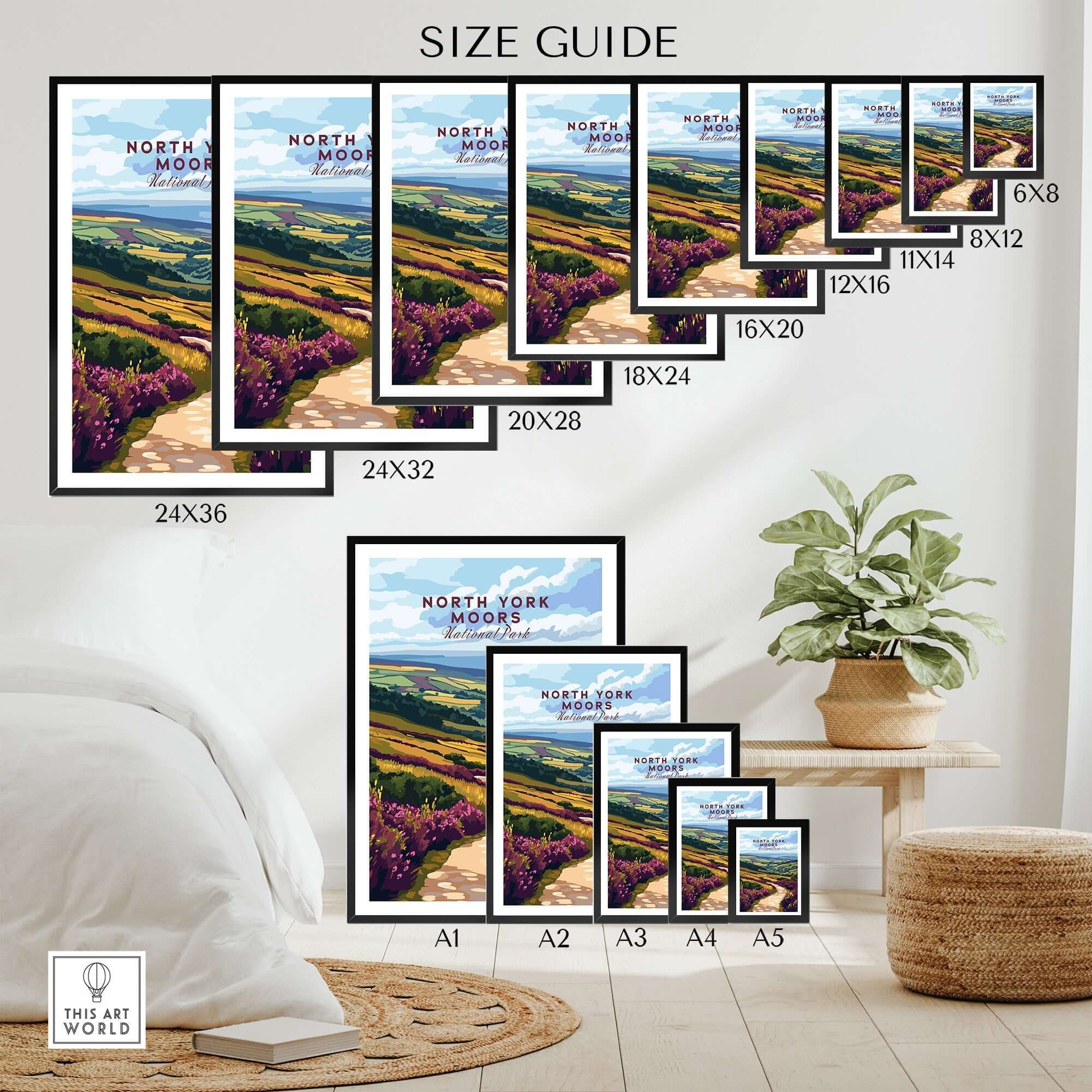 Size guide for North York Moors Art Print showcasing various frame sizes and styles.