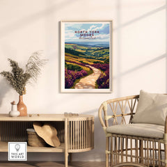 North York Moors Art Print displayed in a cozy home setting, showcasing vibrant landscapes and scenic beauty.