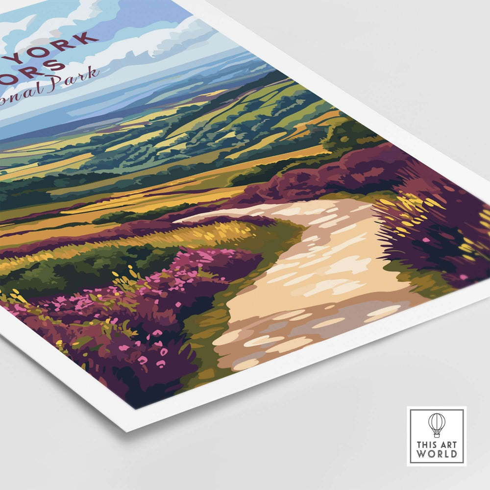 North York Moors art print showcasing vibrant landscapes and a scenic path through purple heather fields.