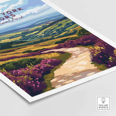 North York Moors Art Print showcasing vibrant landscapes and scenic paths in a colorful design.