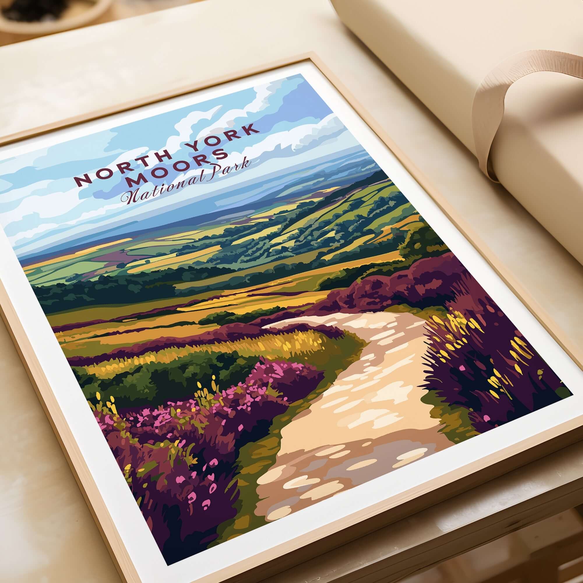North York Moors Art Print featuring vibrant landscapes and a path through colorful heather.