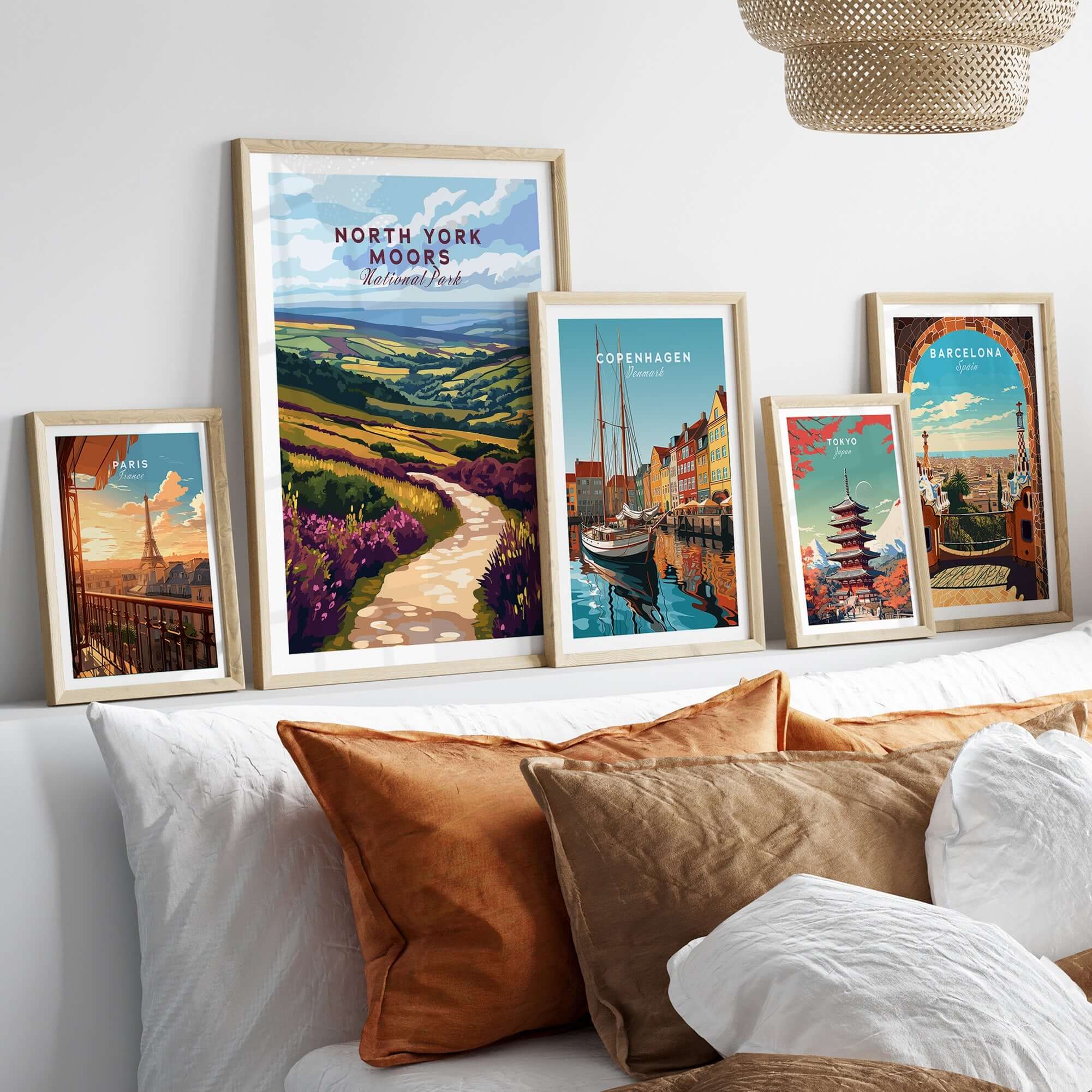 Framed North York Moors Art Print among other travel-themed art prints on a stylish home decor display.
