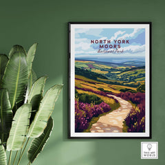 North York Moors Art Print showcasing colorful landscapes and trails, ideal for nature lovers and art enthusiasts.