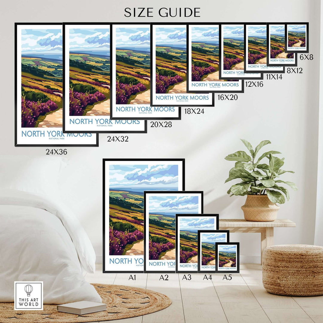 Size guide for North York Moors National Park poster showcasing various frame sizes and vibrant landscape design.