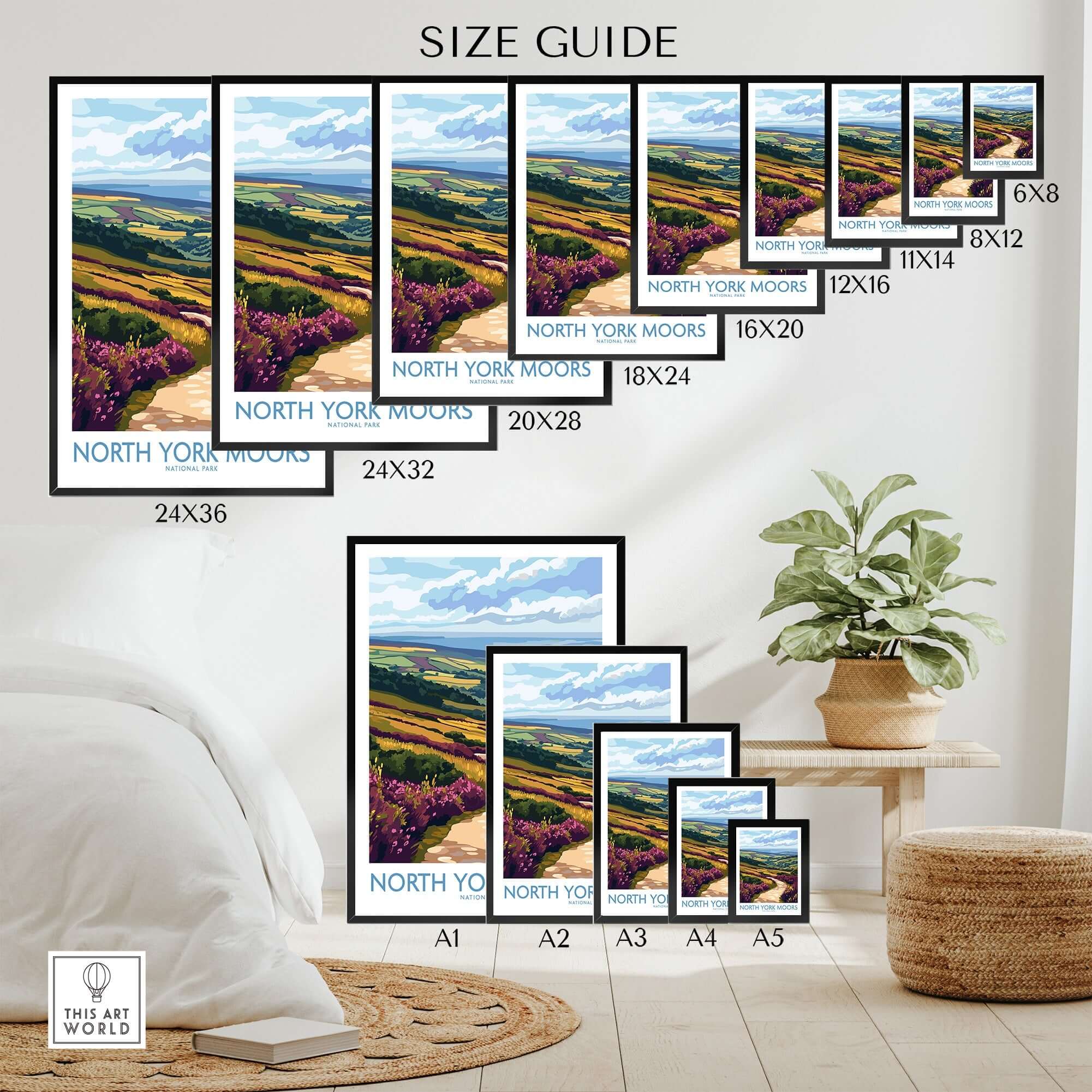 Size guide for North York Moors National Park Poster featuring various frame sizes and landscape design.