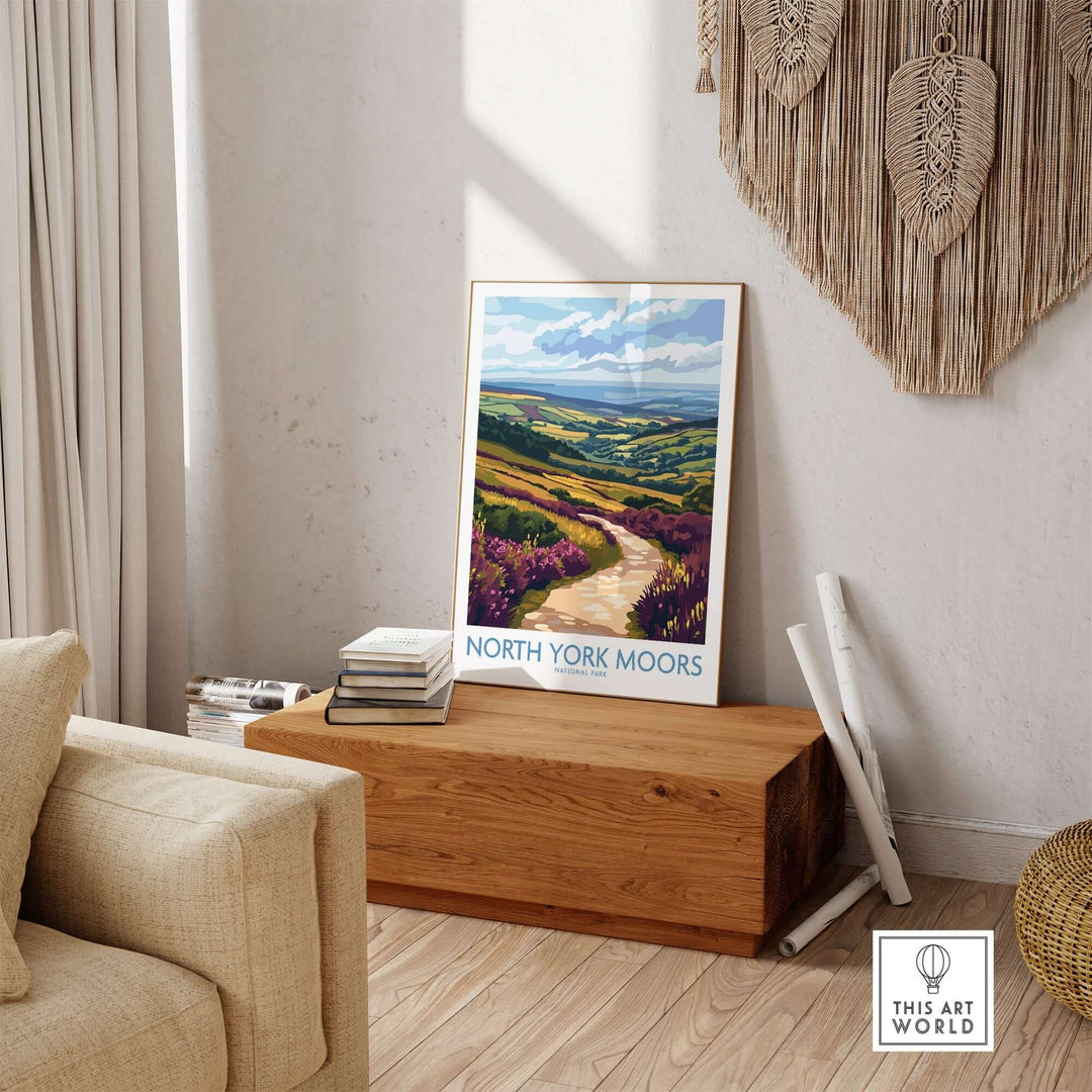 North York Moors National Park poster displayed in a cozy living room setting, showcasing vibrant landscapes and colors.