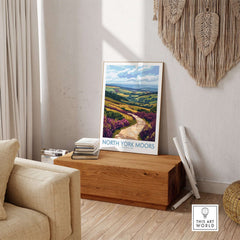 North York Moors National Park Poster displayed in a cozy living room setting with vibrant landscapes.