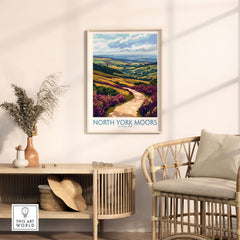 North York Moors National Park Poster displayed in a modern living room, showcasing vibrant landscapes.
