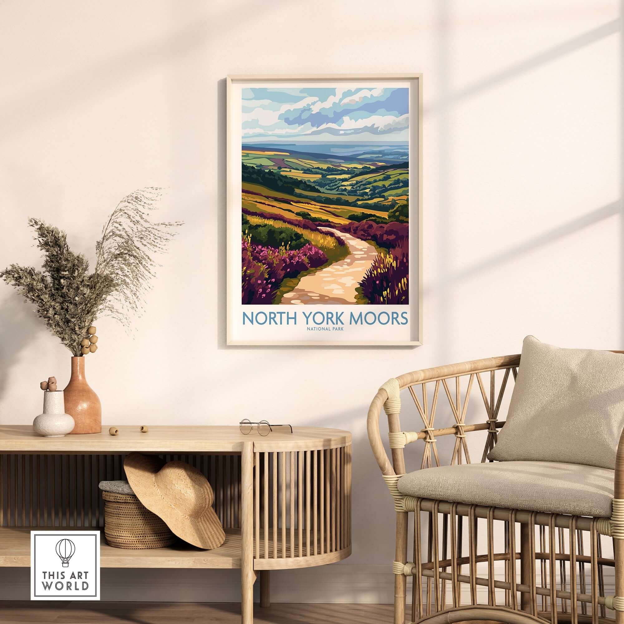 North York Moors National Park Poster displayed in a modern living room, showcasing vibrant landscapes.
