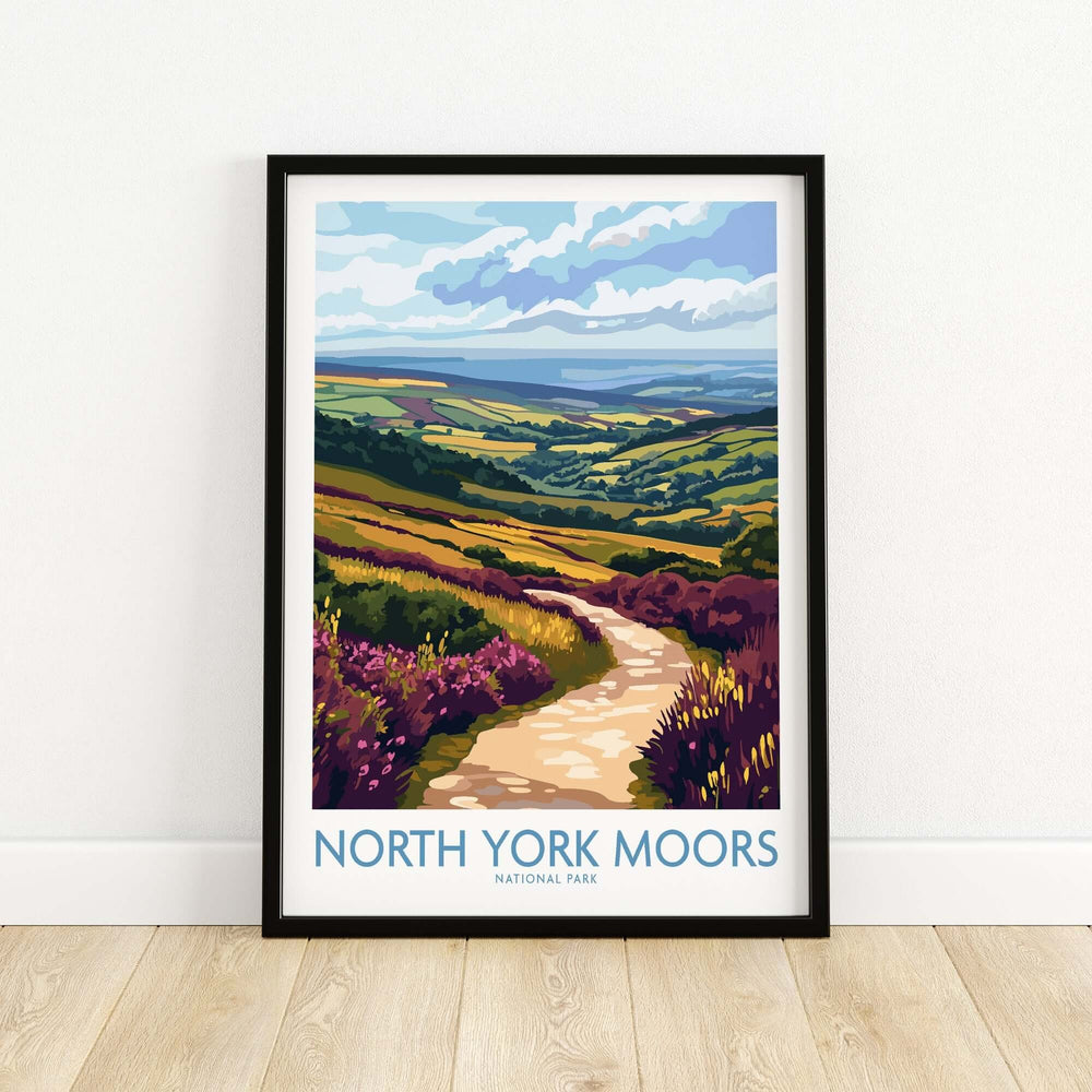 North York Moors National Park poster featuring vibrant landscapes and a scenic pathway through lush hills.