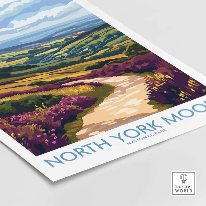 North York Moors National Park poster featuring vibrant landscapes and a scenic path, perfect for nature lovers.