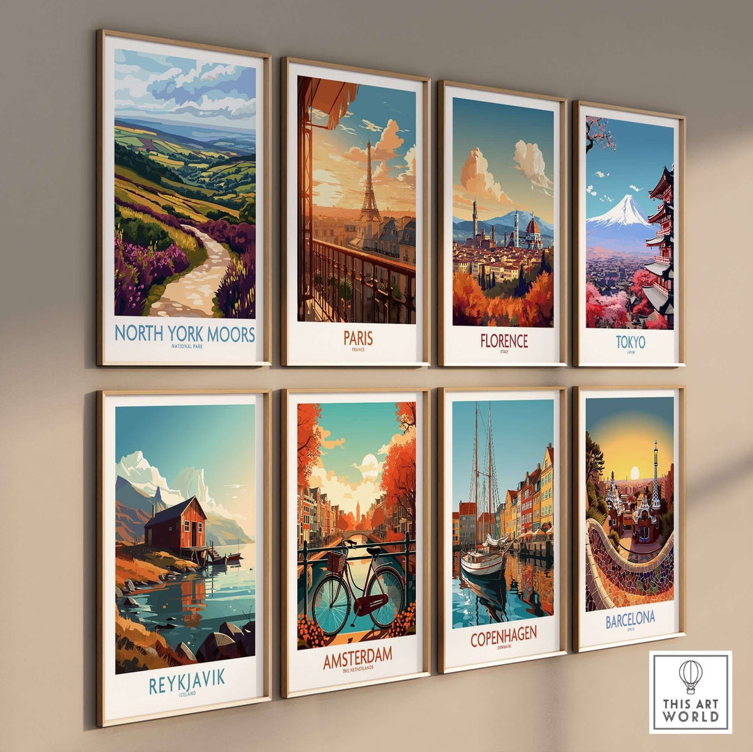 Collection of travel posters including North York Moors, Paris, and Tokyo, showcasing vibrant landscapes and cityscapes.