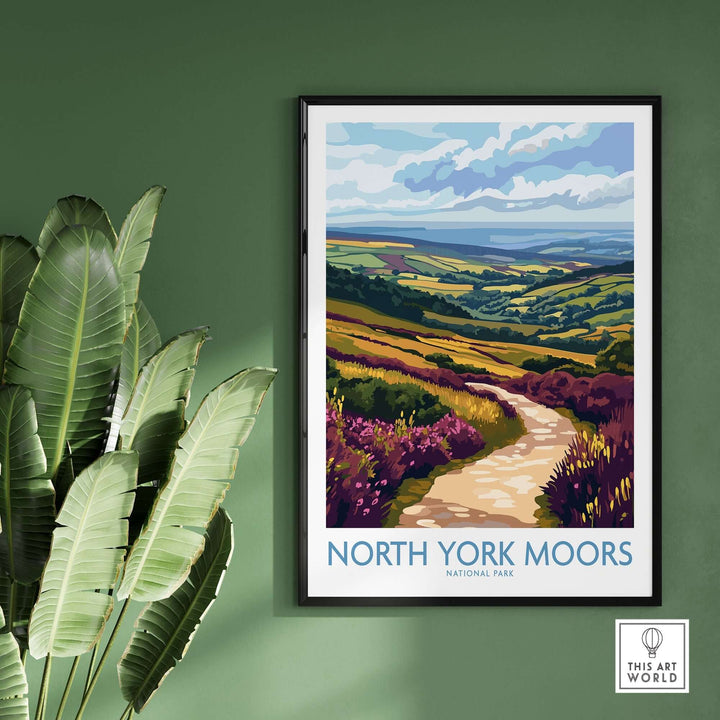 North York Moors National Park poster showcasing vibrant landscapes and purple heather on a pathway, perfect for nature lovers.