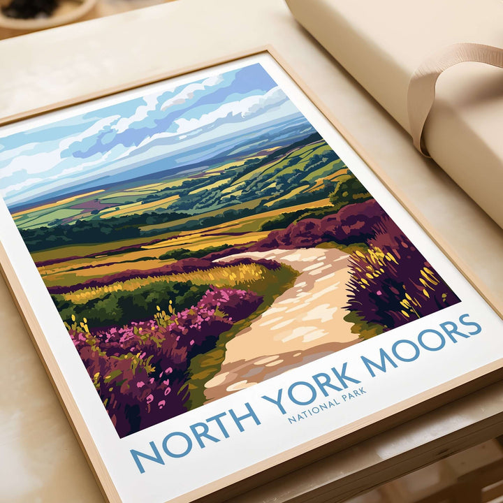 North York Moors National Park poster featuring vibrant landscapes and a scenic pathway, ideal for nature lovers.