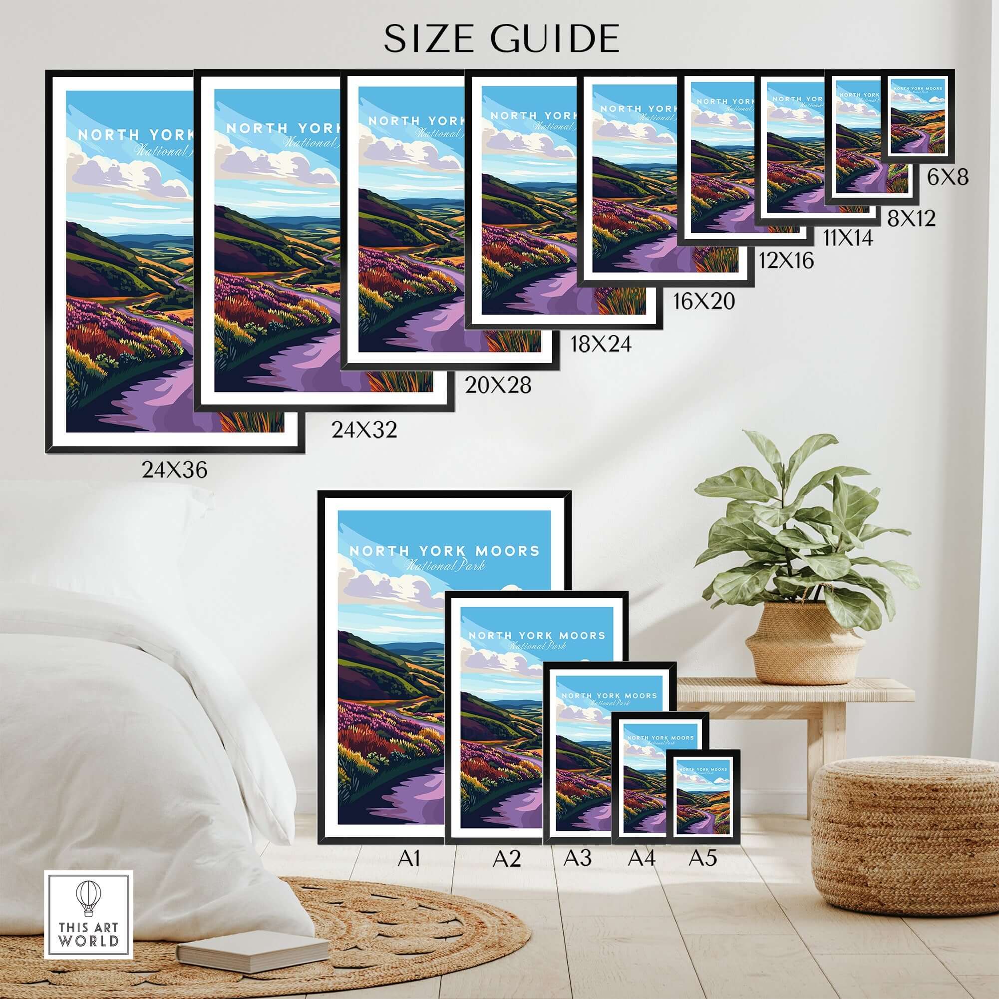 Size guide for North York Moors National Park Print in multiple frame options and dimensions.