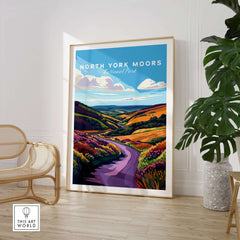 North York Moors National Park Print showcasing vibrant rolling hills and scenic beauty in a stylish interior setting.