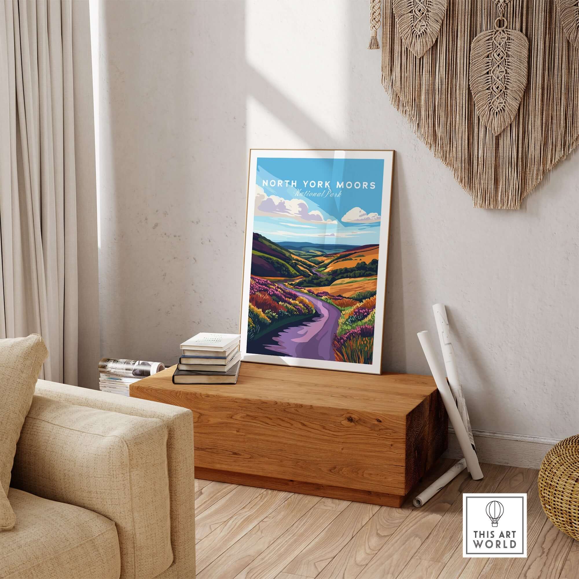 North York Moors National Park Print showcasing vibrant hills and a winding road in a cozy living space.