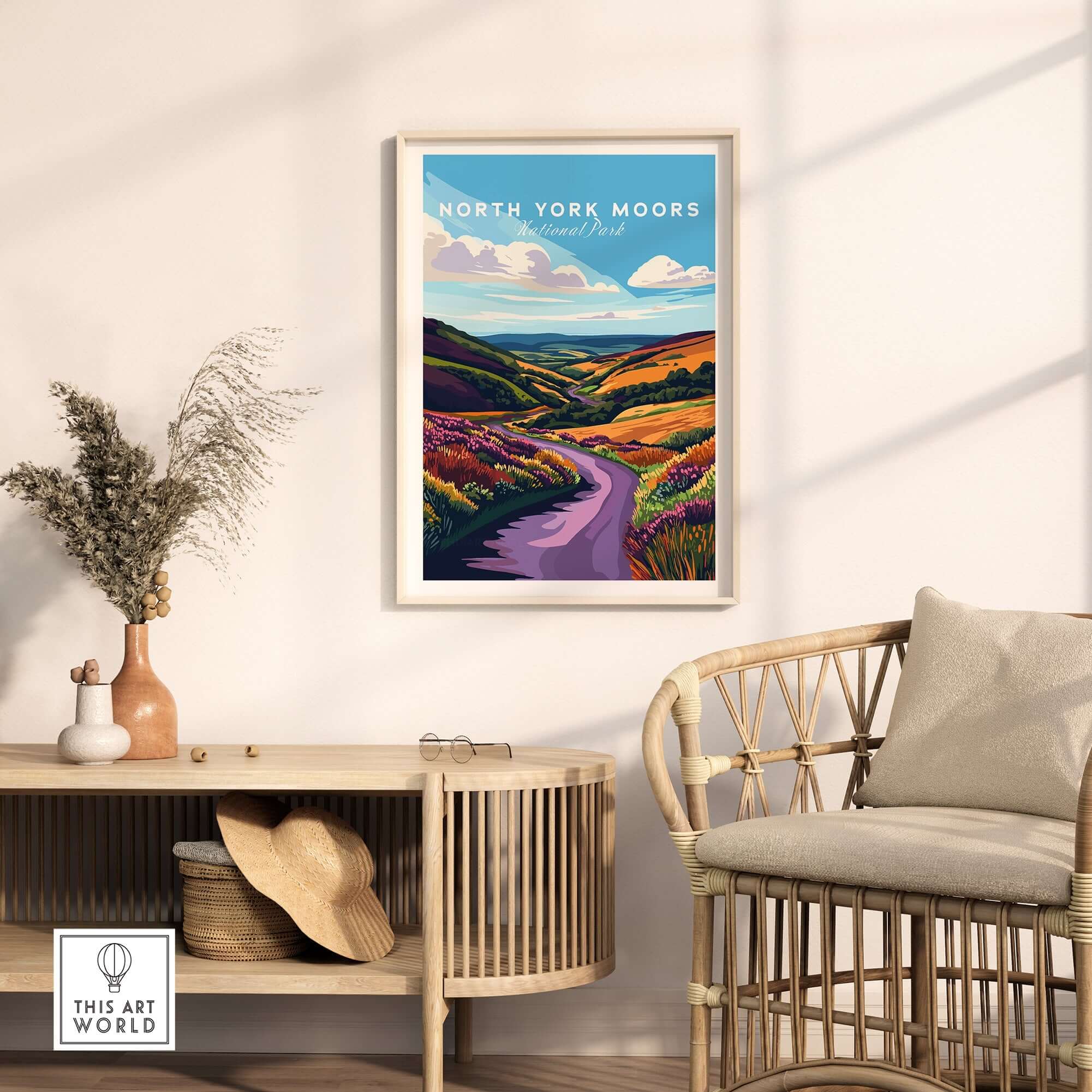North York Moors National Park Print showcasing vibrant landscapes and rolling hills in a home setting.