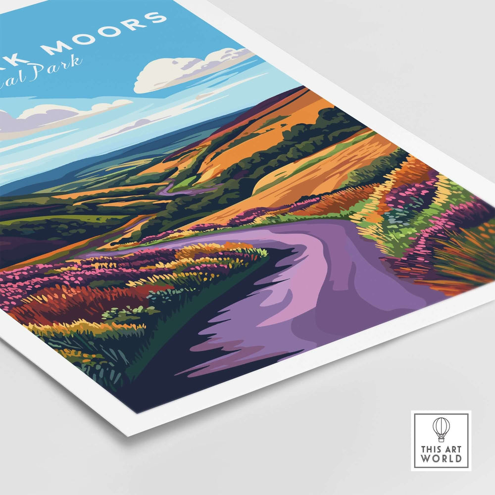 North York Moors National Park print depicting vibrant hills, lush landscapes, and a winding road. Perfect for nature lovers.