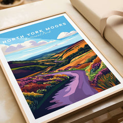 North York Moors National Park Print showcasing vibrant hills and scenic landscape in framed artwork.