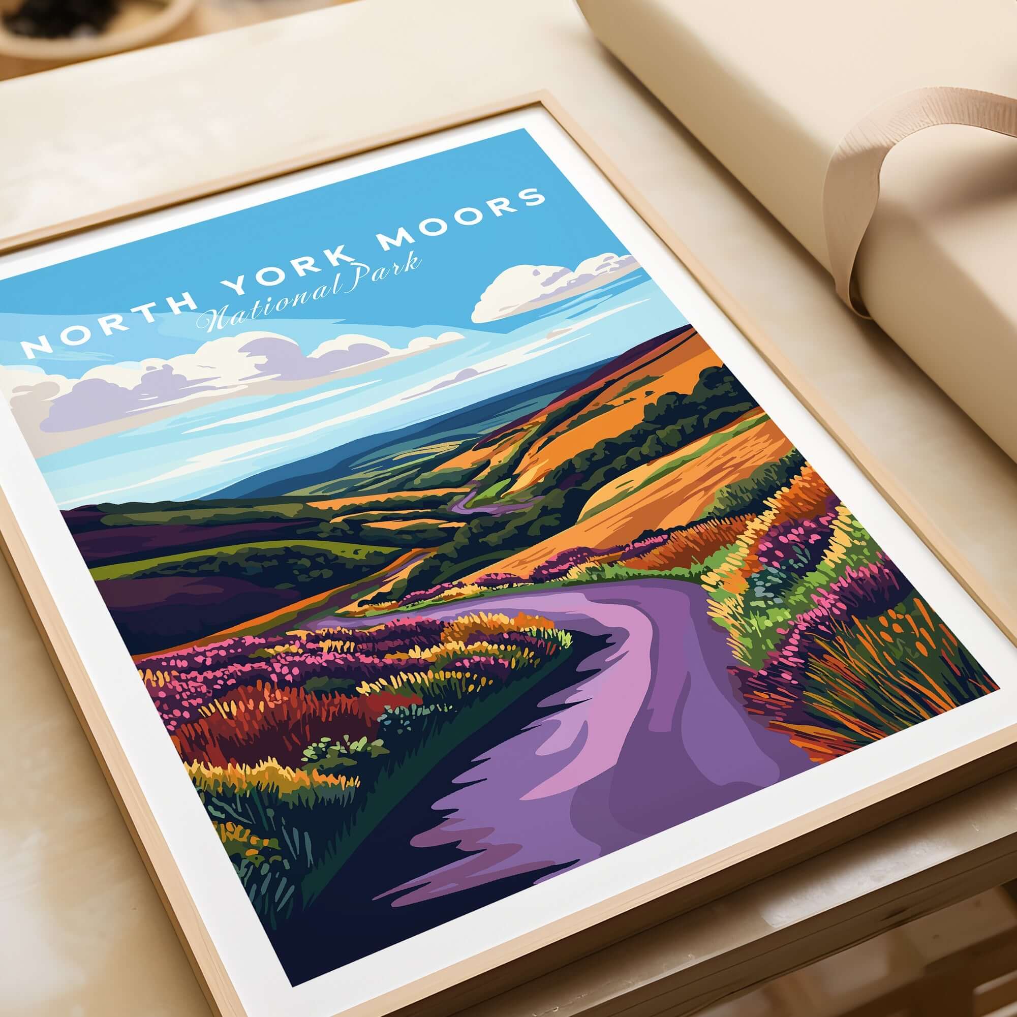 North York Moors National Park Print showcasing vibrant hills and scenic landscape in framed artwork.