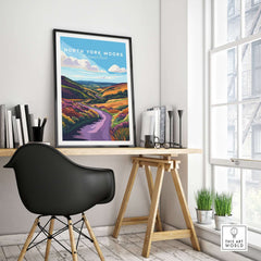 North York Moors National Park Print displayed on a wall in a modern workspace, featuring rolling hills and vibrant colors.