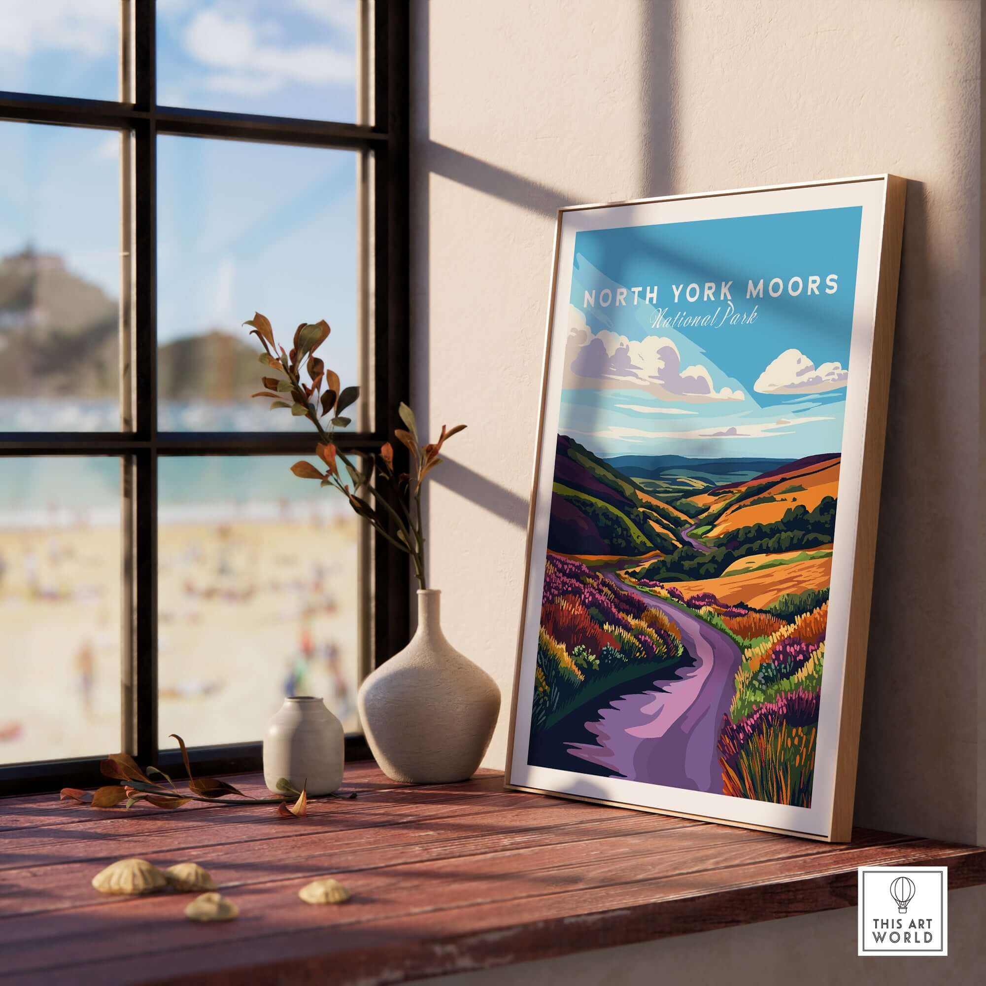 North York Moors National Park Print showcasing colorful hills and serene landscape on a windowsill.