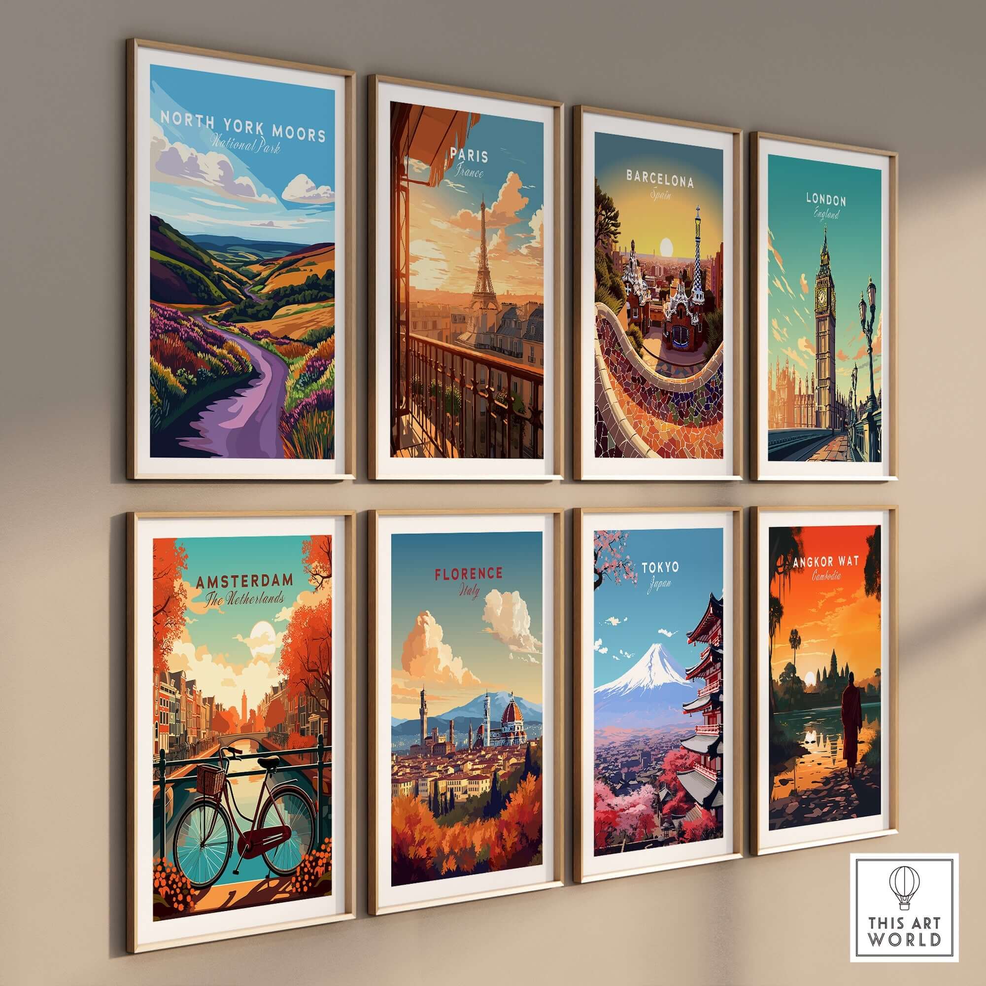North York Moors National Park Print and various city art prints displayed in stylish frames.