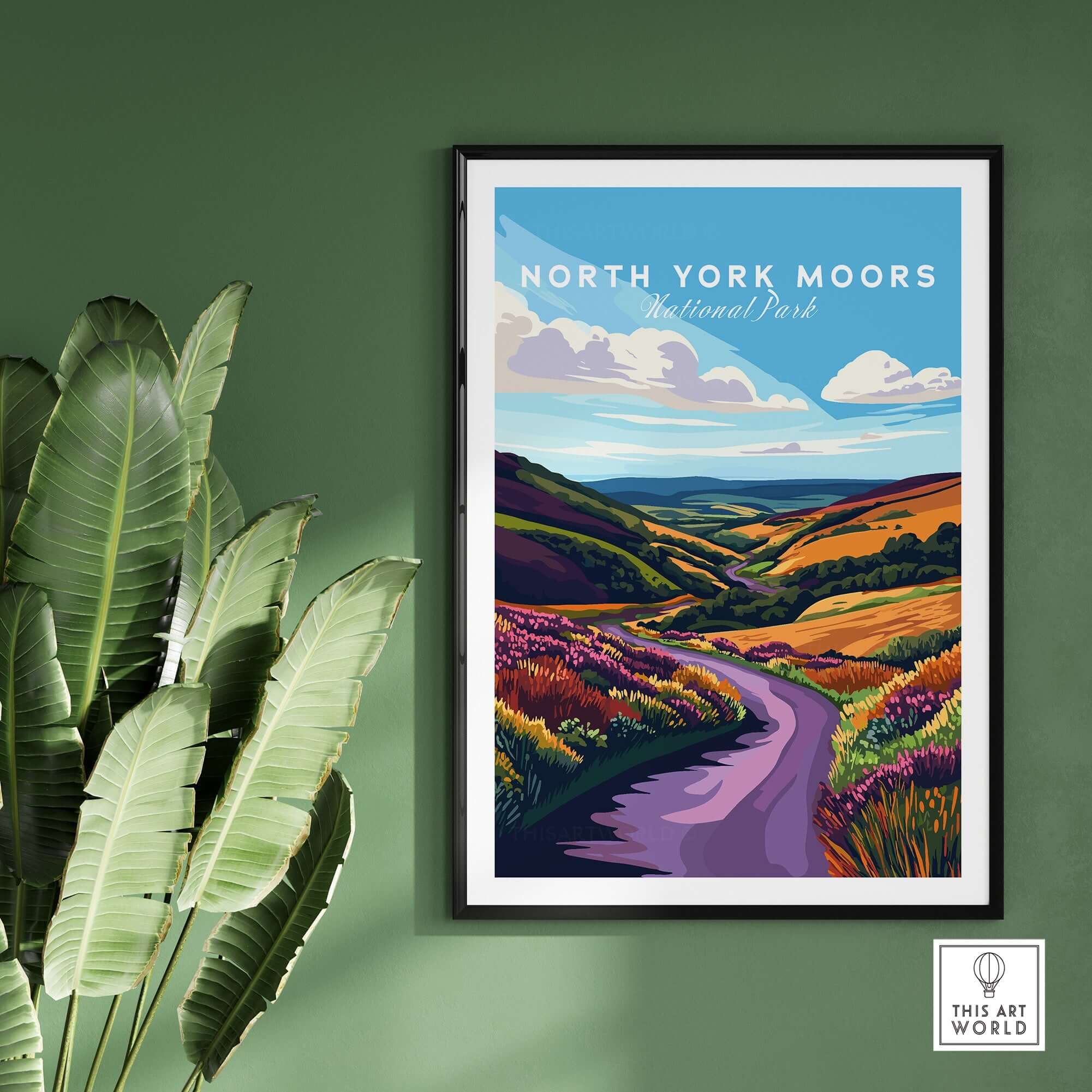 North York Moors National Park Print showcasing vibrant hills and scenery in a modern frame on a green wall.