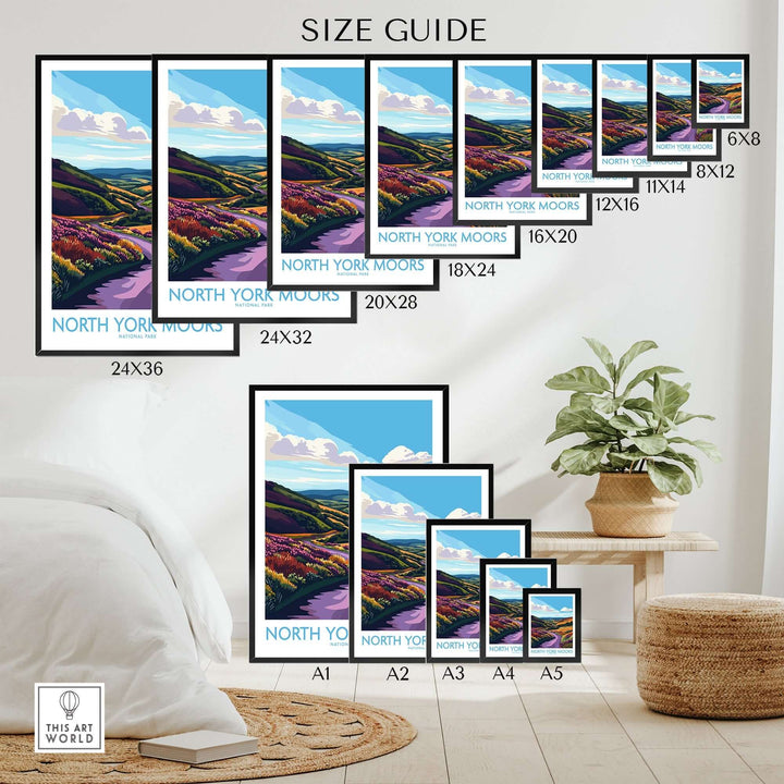 Size guide for North York Moors National Park wall art showcasing various frame dimensions and vibrant landscape design.