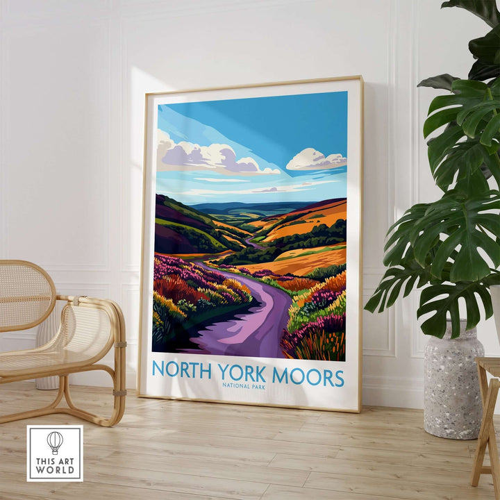 Vibrant North York Moors National Park wall art showcasing scenic landscape in a stylish living room setting.